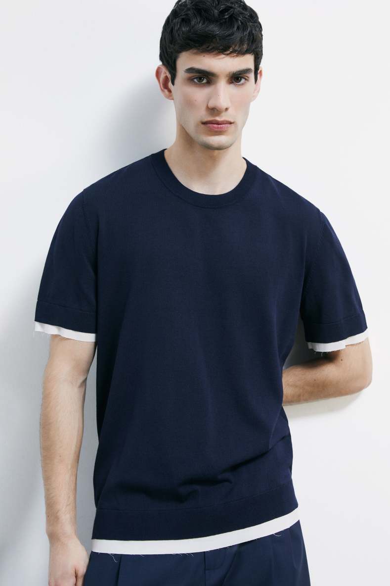 Knitted T-shirt with contrast trims, Blue/White, Patrizia Pepe