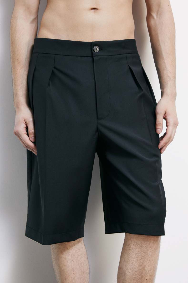 Shorts sartoriales en mezcla ligera de lana el&aacute;stica, Negro