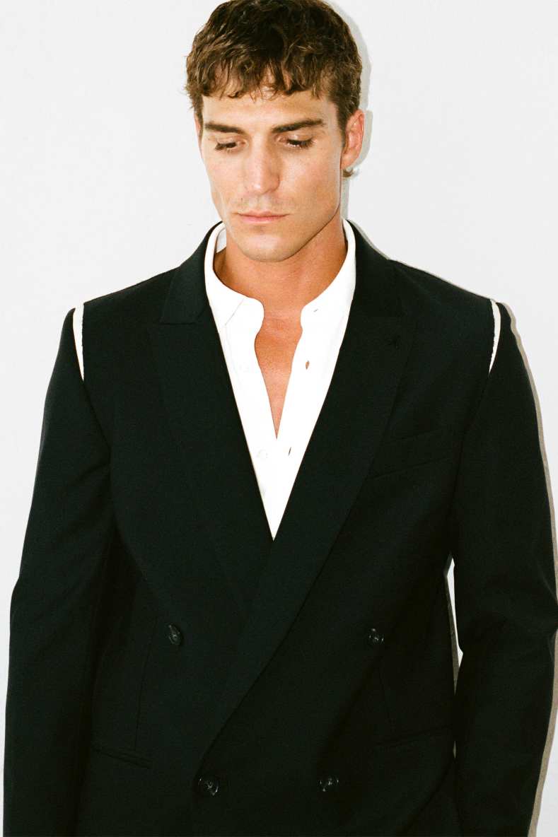 Blazer doppiopetto in frescolana con dettagli in raso, Nero/Bianco, Patrizia Pepe