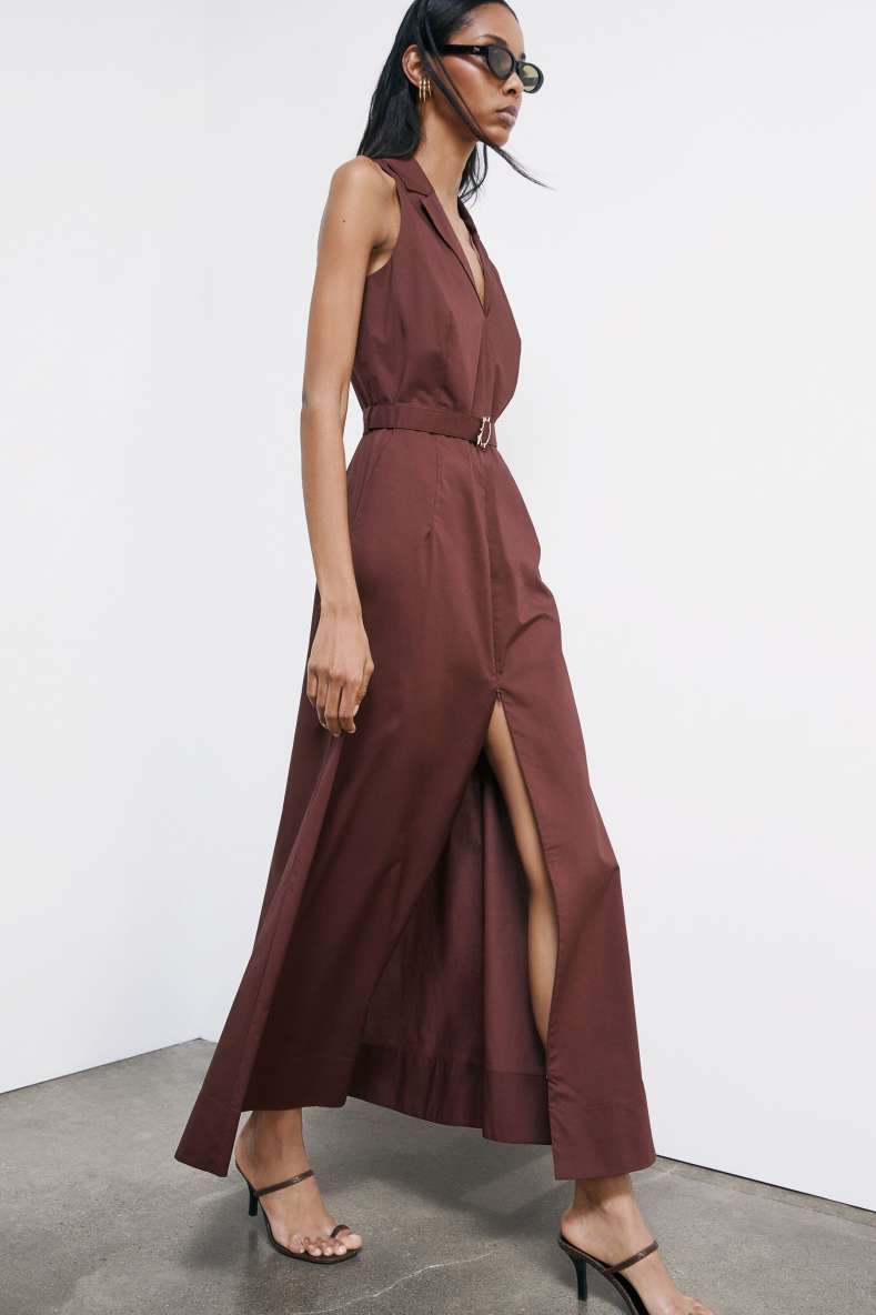 Long poplin dress with slit, Brown, Patrizia Pepe