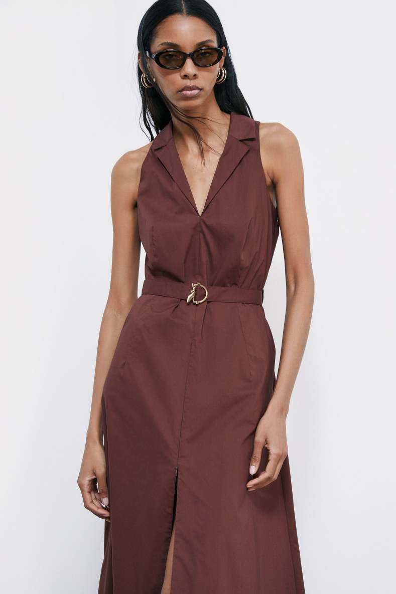 Long poplin dress with slit, Brown, Patrizia Pepe