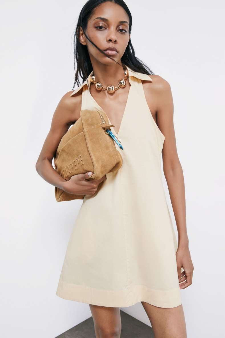 Vestido mini de popelina de algod&oacute;n, Beige