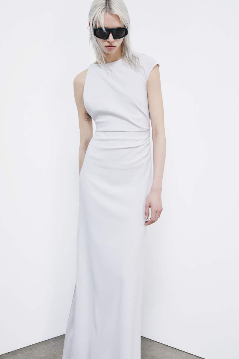 Langes asymmetrisches Kleid aus Cr&ecirc;pe, Grau, Patrizia Pepe