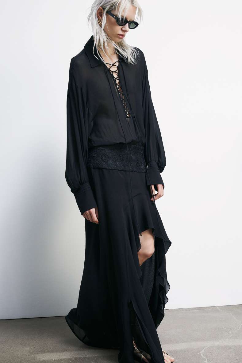 Long georgette dress with lace detail, Black, Patrizia Pepe