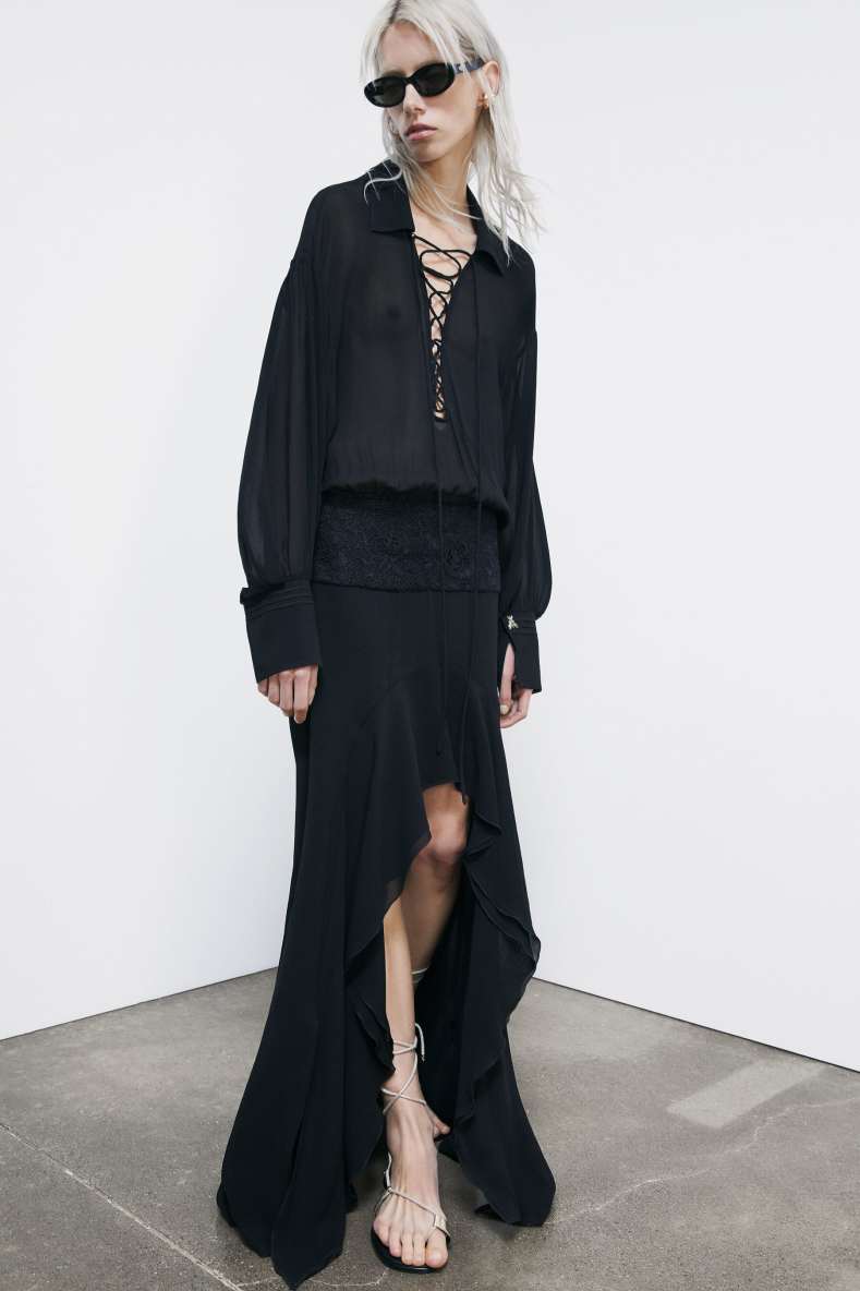 Long georgette dress with lace detail, Black, Patrizia Pepe