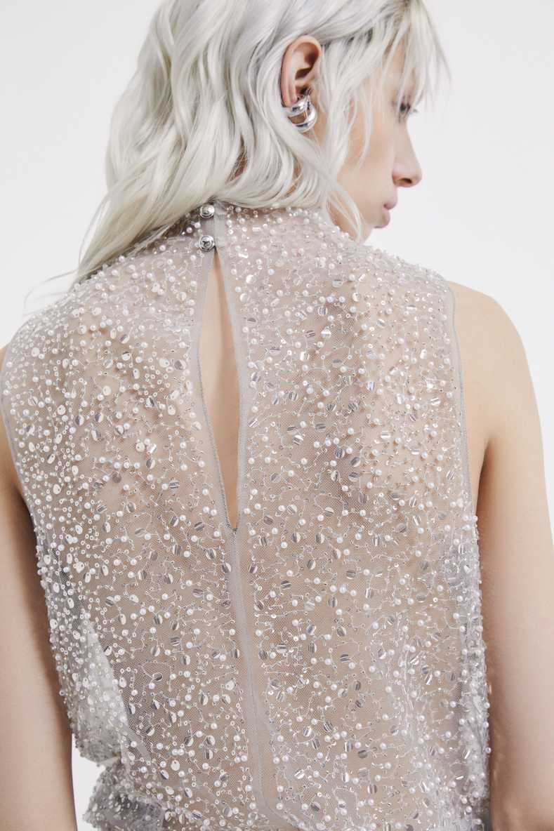 Embroidered tulle top with pearls, White, Patrizia Pepe