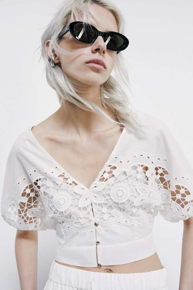 Cotton top with floral embroidery, White, Patrizia Pepe