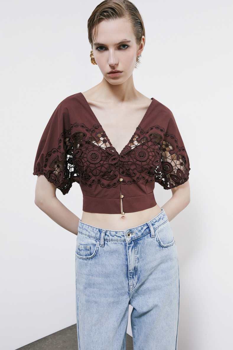 Cotton top with floral embroidery, Brown, Patrizia Pepe
