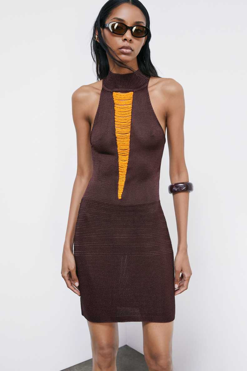 Mini knit dress with beads, Brown, Patrizia Pepe