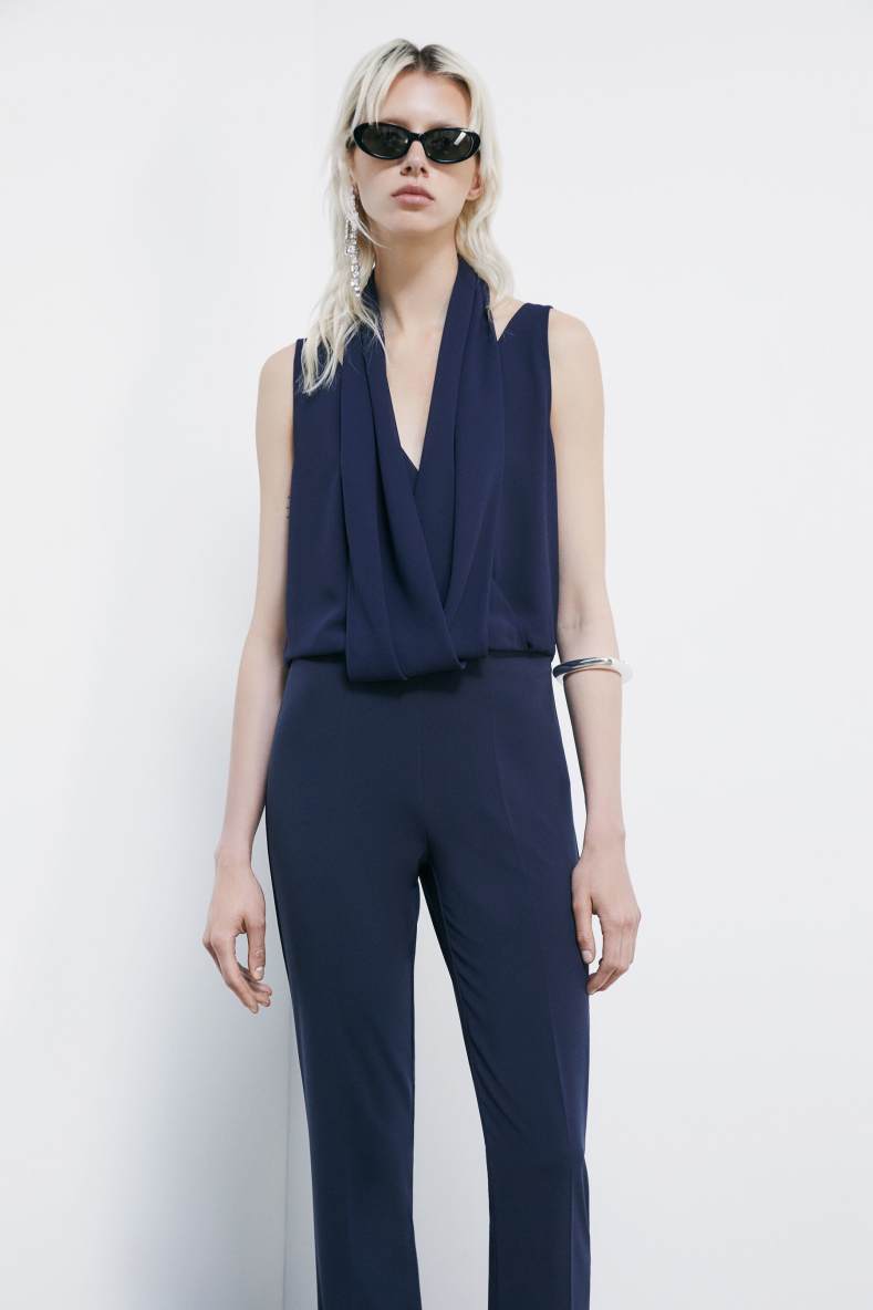 Draped stretch cr&ecirc;pe jumpsuit, Blue, Patrizia Pepe