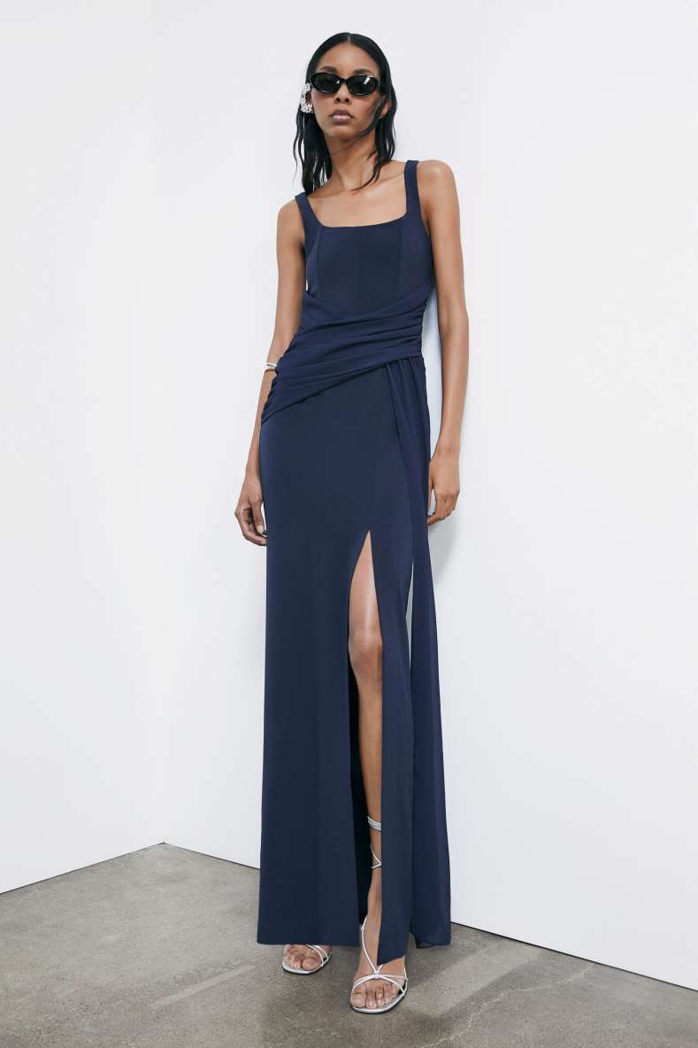 Long draped stretch cr&ecirc;pe dress, Blue, Patrizia Pepe