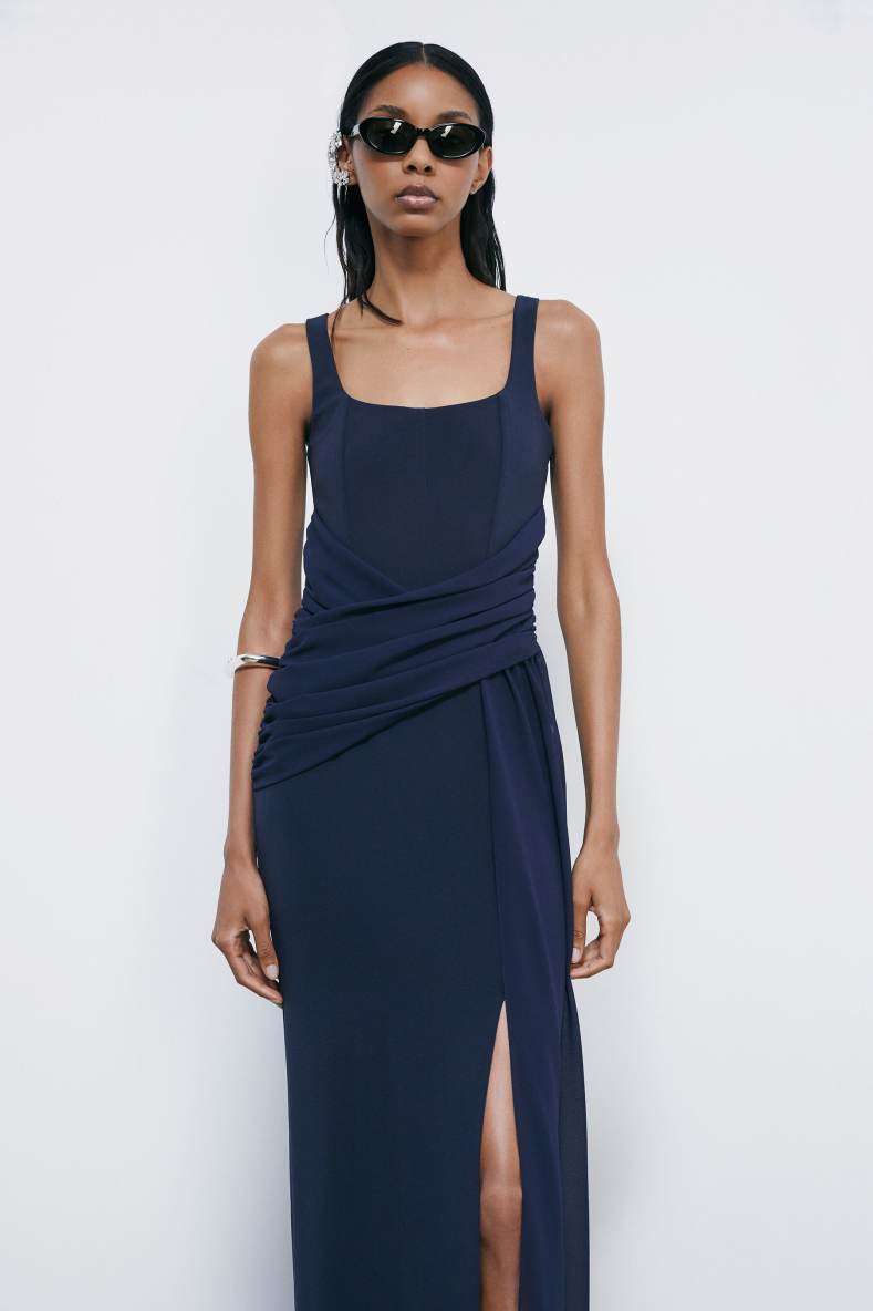 Long draped stretch cr&ecirc;pe dress, Blue, Patrizia Pepe