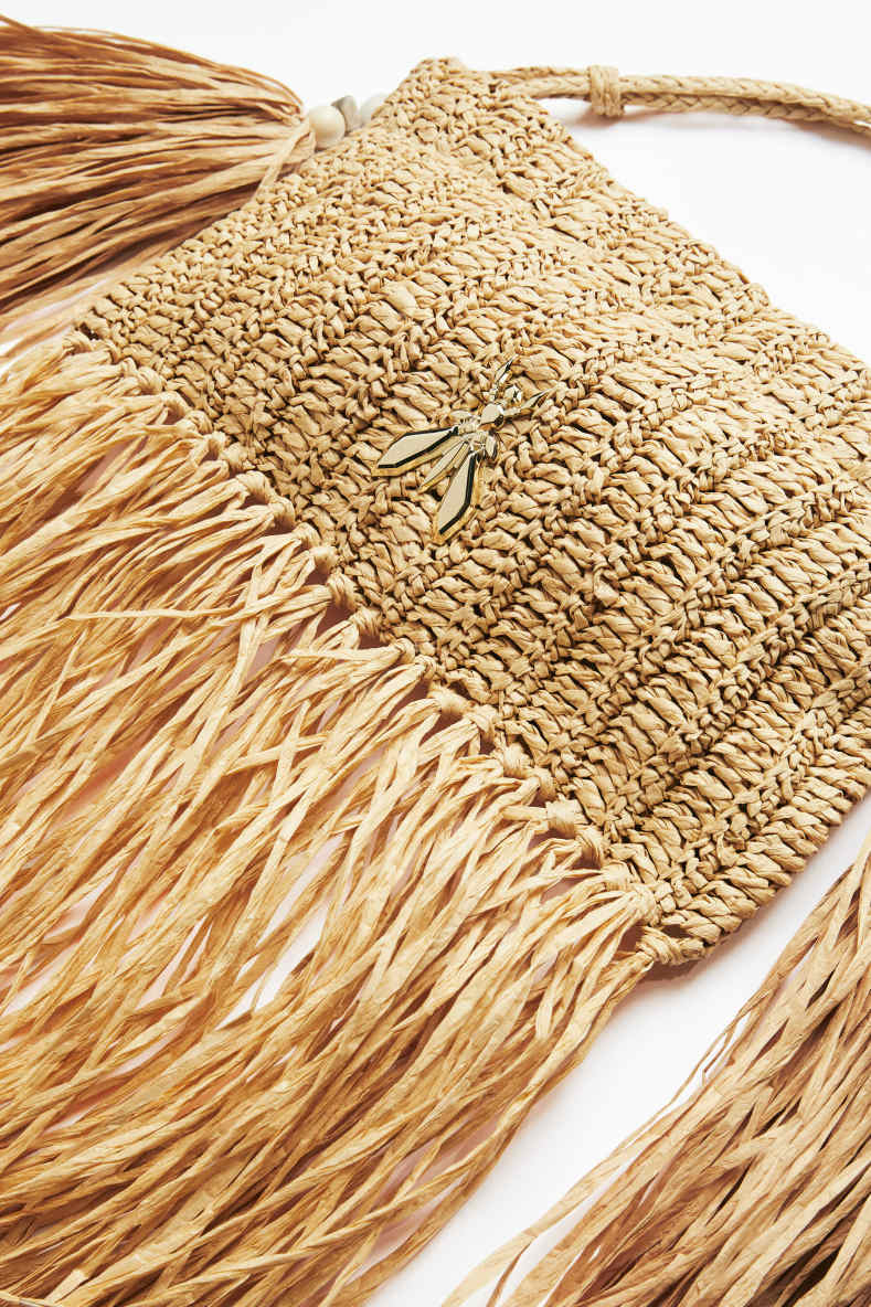 Borsa boho in rafia con frange, Beige, Patrizia Pepe