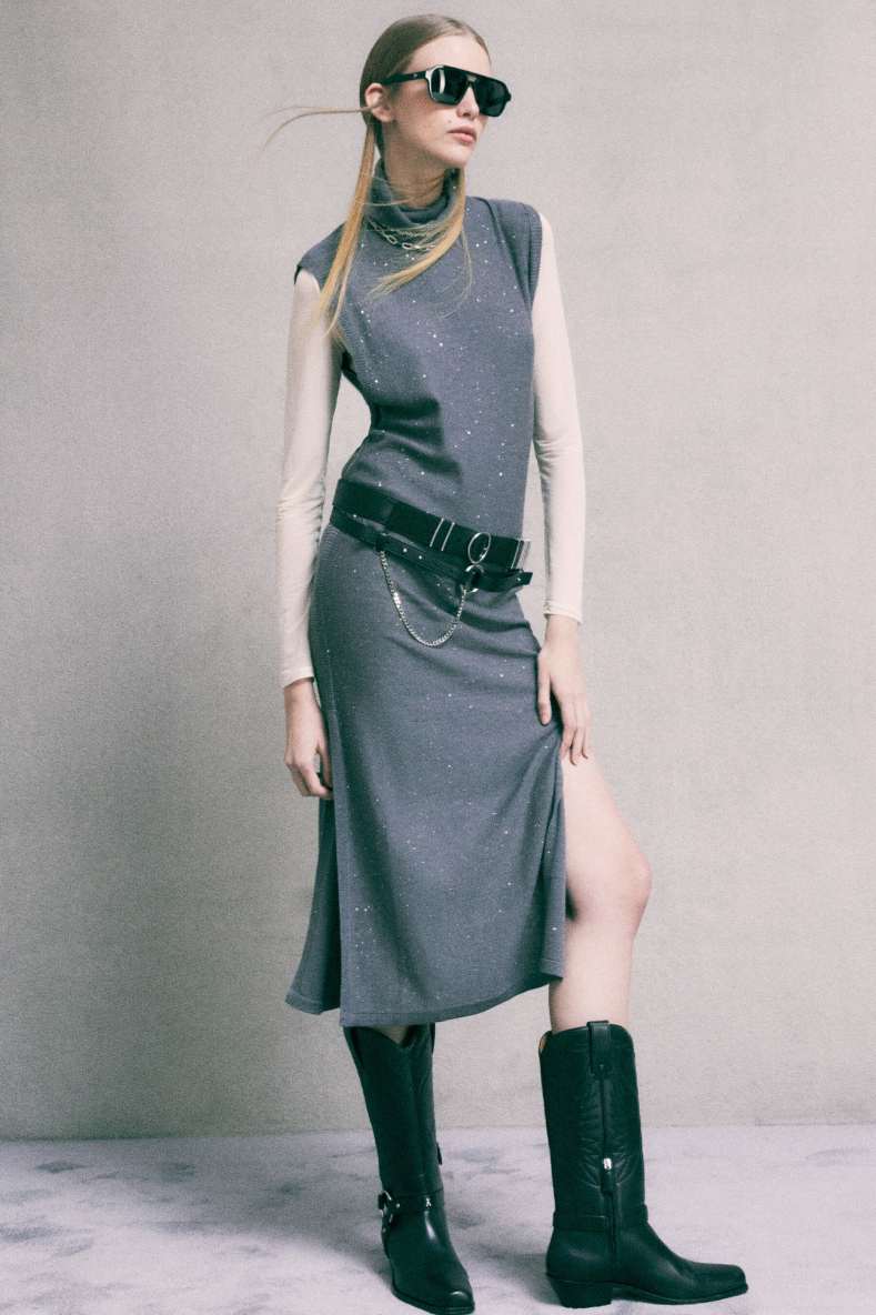 Belted midi knit dress, Grey, Patrizia Pepe