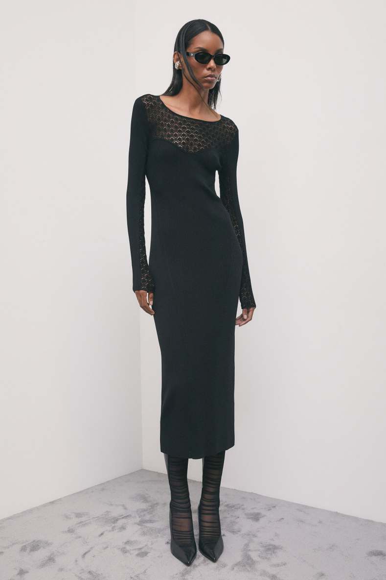 Lace-effect knit midi dress, Black, Patrizia Pepe