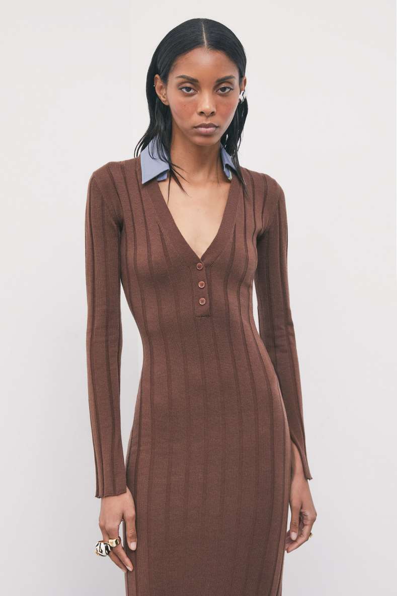 Midi knit dress with contrast collar, Brown, Patrizia Pepe