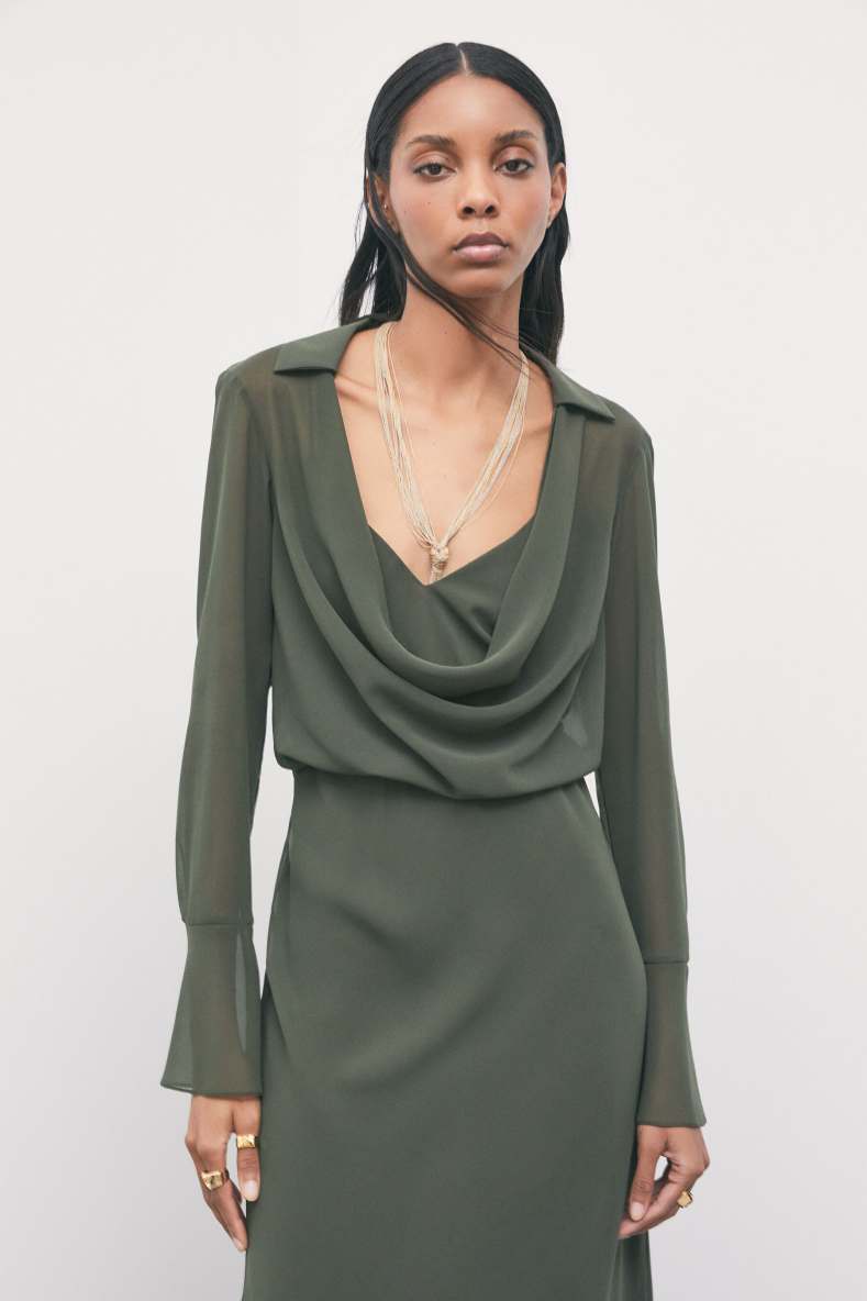 Cowl-neck midi dress in georgette, Green, Patrizia Pepe