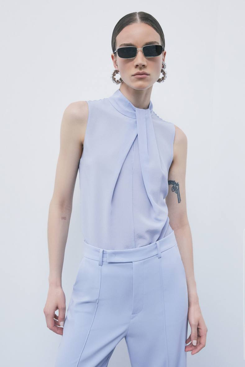 High-neck silk blouse with pleat detail, Light Blue, Patrizia Pepe
