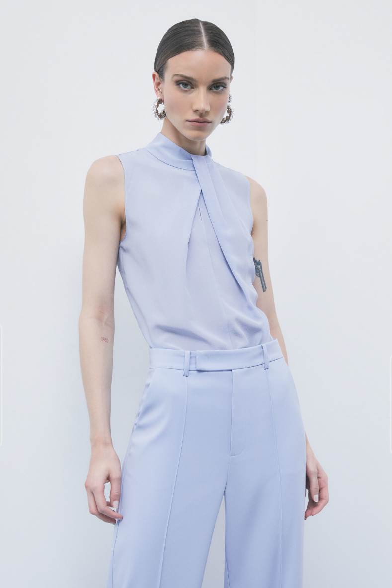 High-neck silk blouse with pleat detail, Light Blue, Patrizia Pepe