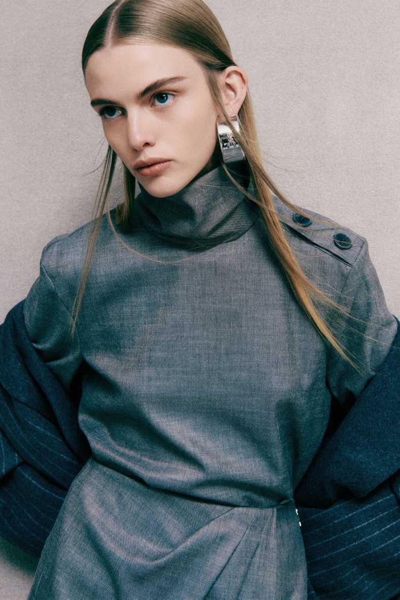 High-neck flannel blouse with buttons, Grey, Patrizia Pepe