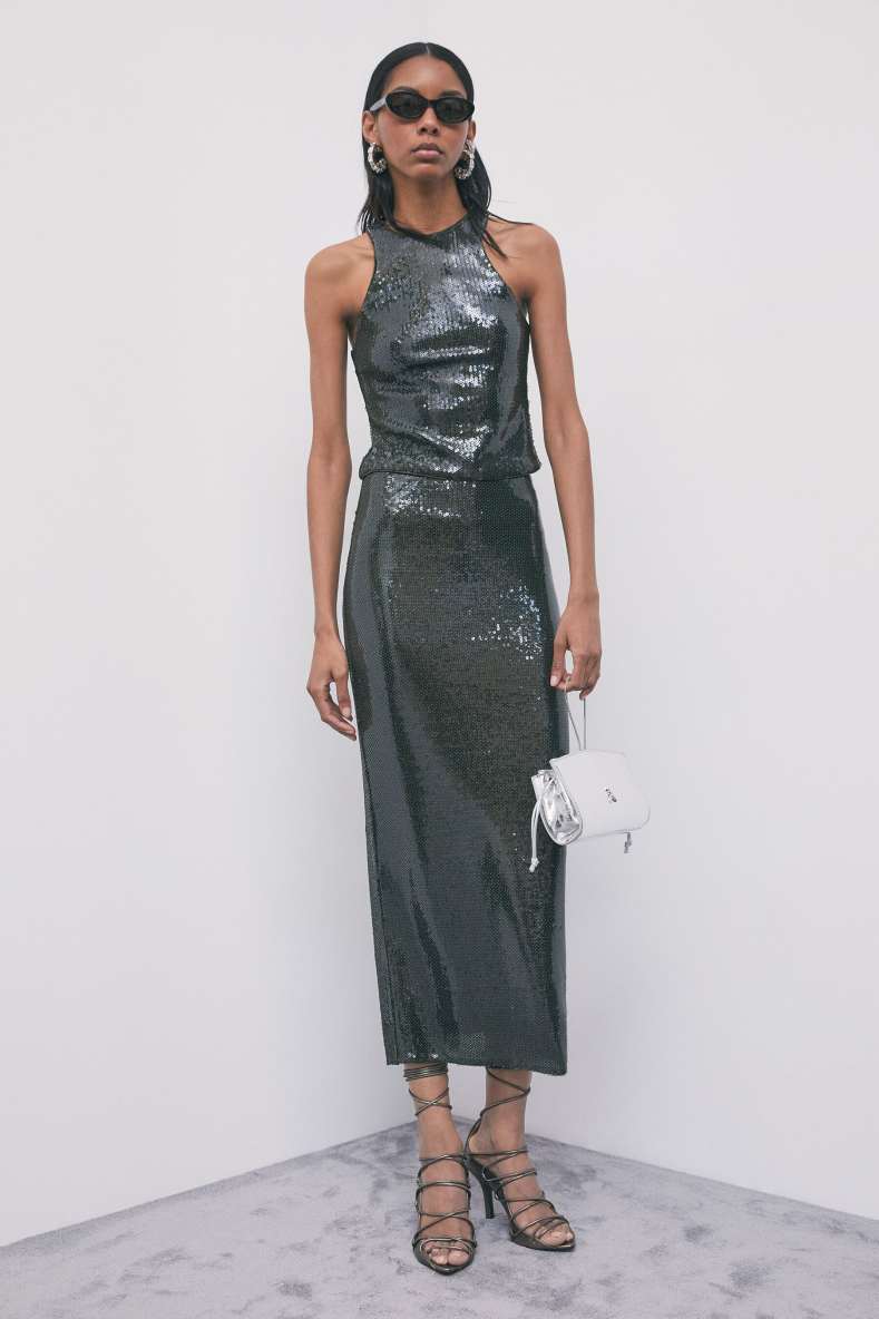 Gonna lunga con paillettes in tulle, Verde, Patrizia Pepe