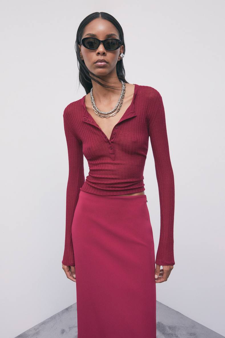 Rib-knit wool top with button placket, Red, Patrizia Pepe