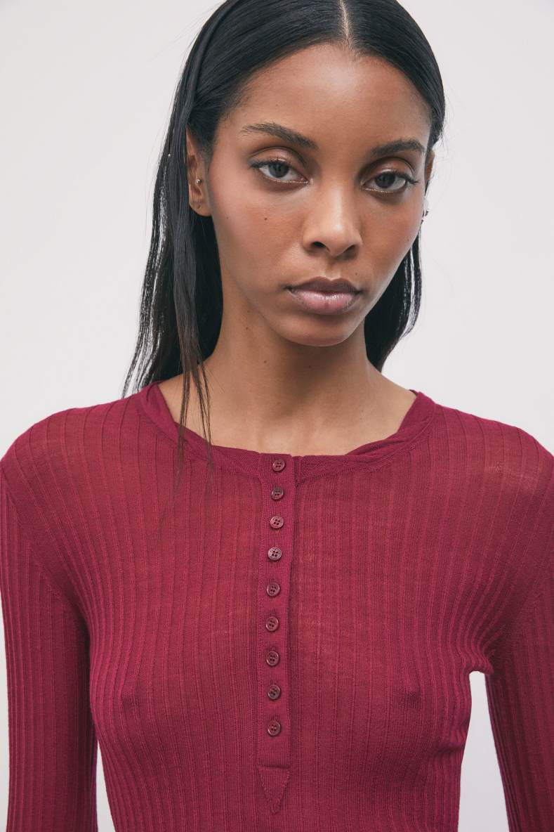 Rib-knit wool top with button placket, Red, Patrizia Pepe
