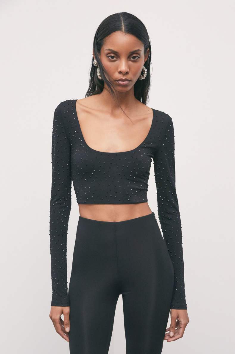 Long-sleeve cropped top with rhinestones, Black, Patrizia Pepe