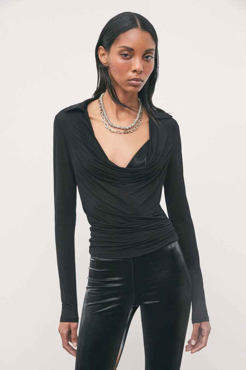 Top transparent avec d&eacute;collet&eacute; cascade, Noir, Patrizia Pepe