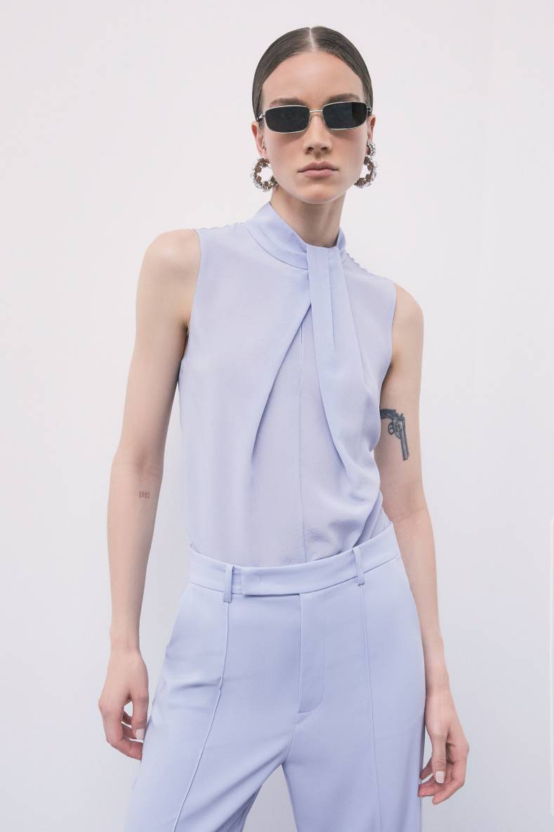 High-neck silk blouse with pleat detail, Light Blue, Patrizia Pepe