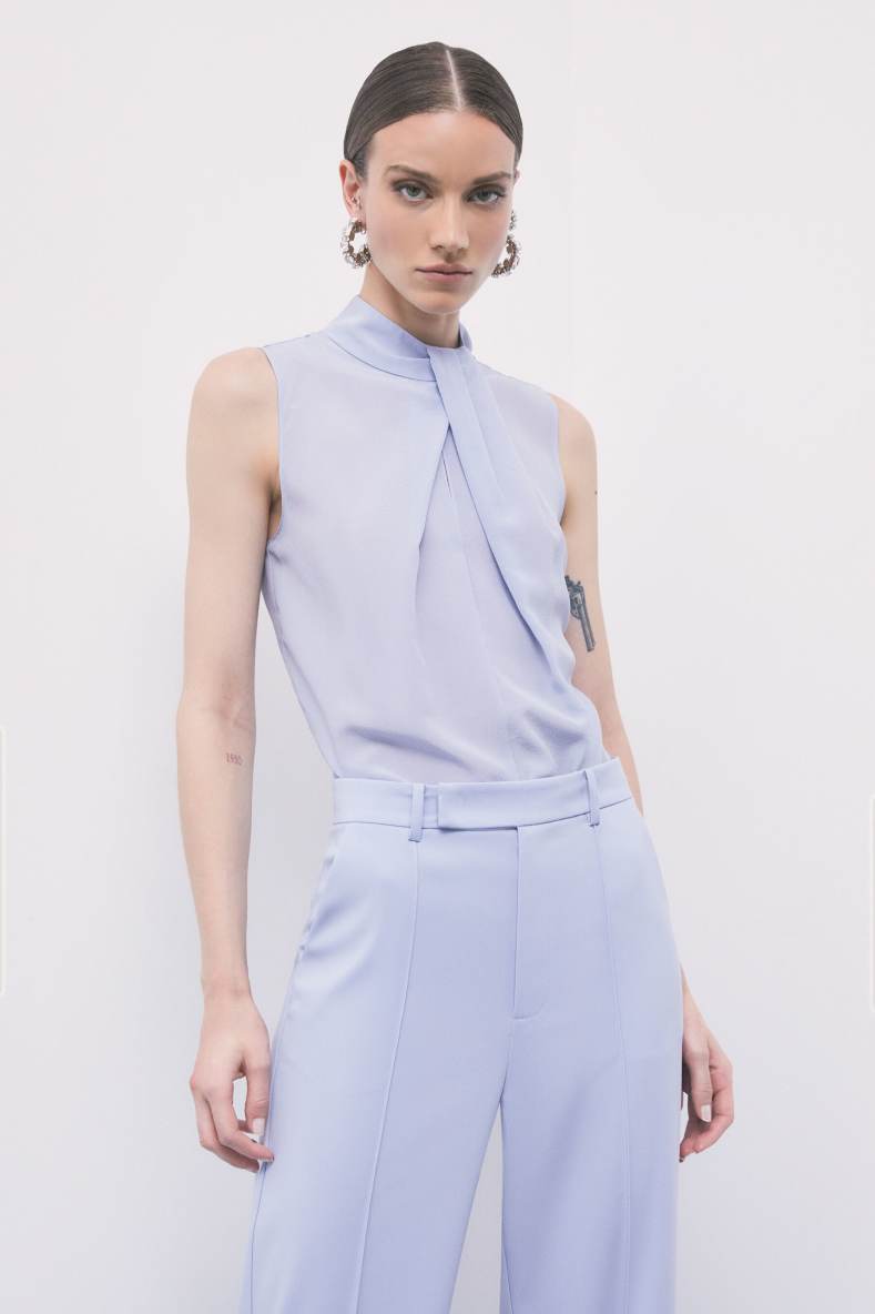 High-neck silk blouse with pleat detail, Light Blue, Patrizia Pepe