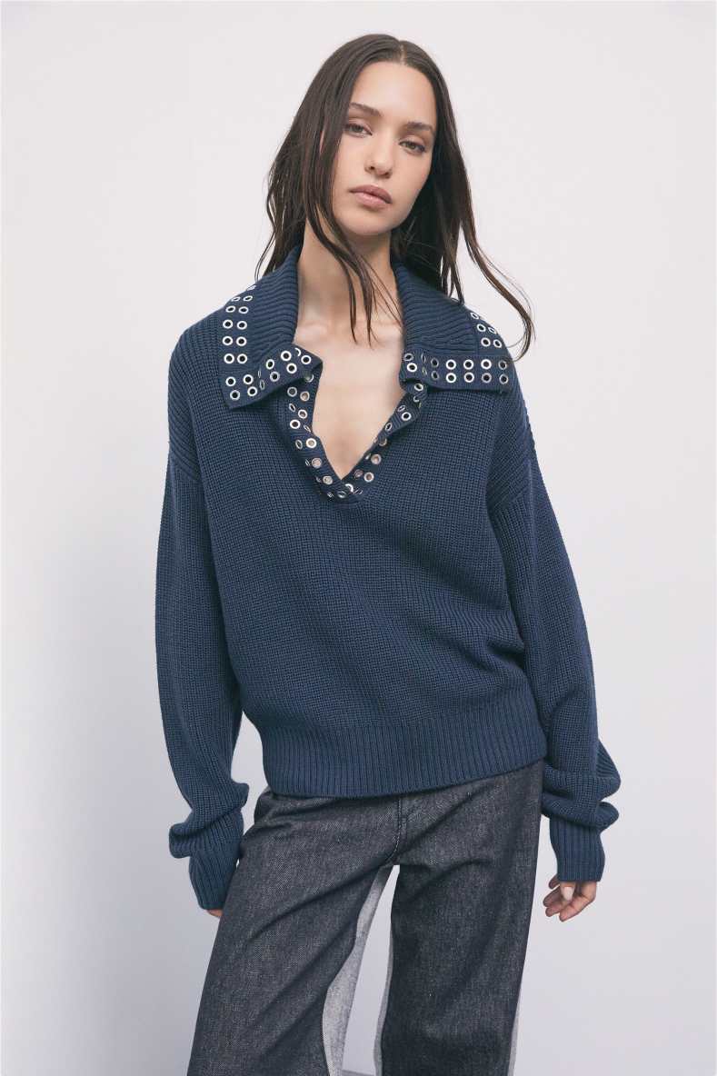 Wool-blend jumper with studs, Blue, Patrizia Pepe