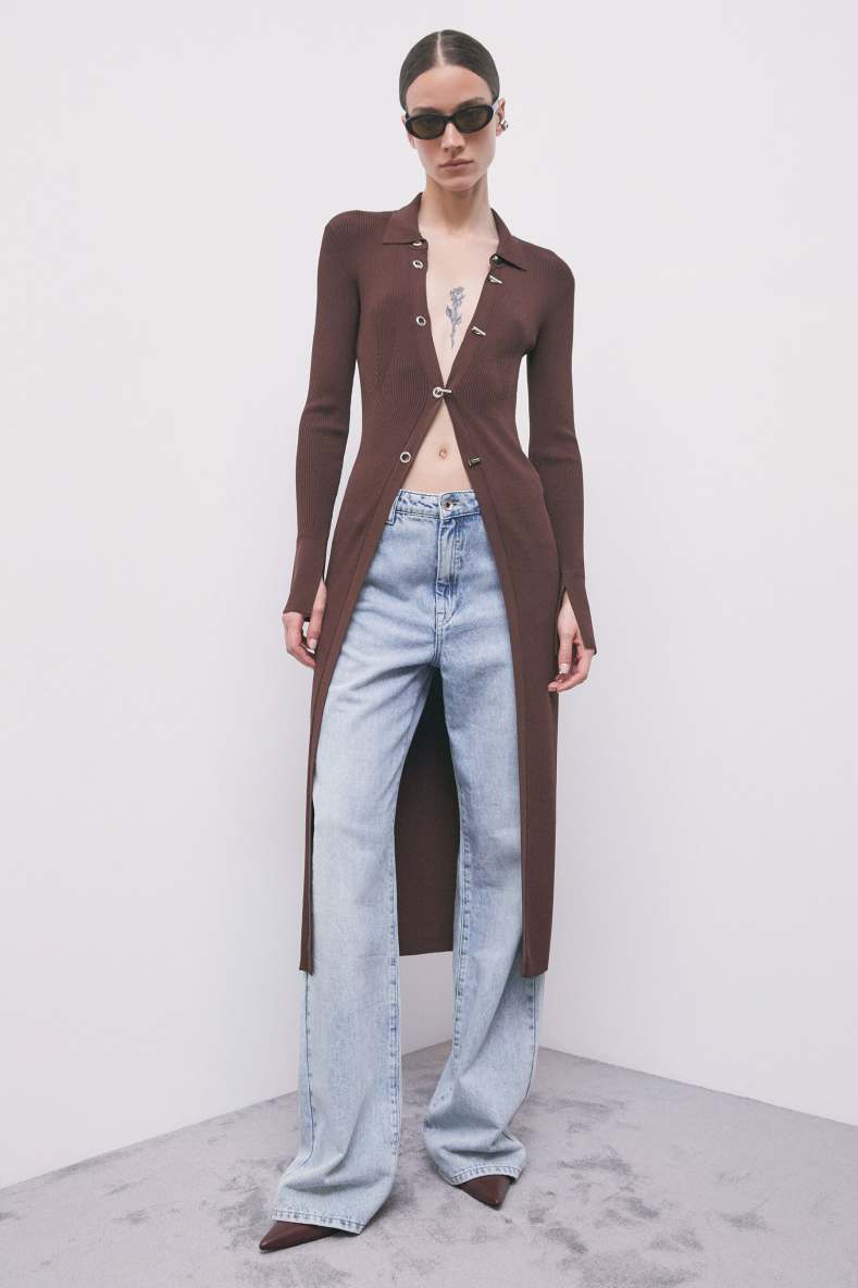 Long ribbed viscose-blend cardigan, Brown, Patrizia Pepe