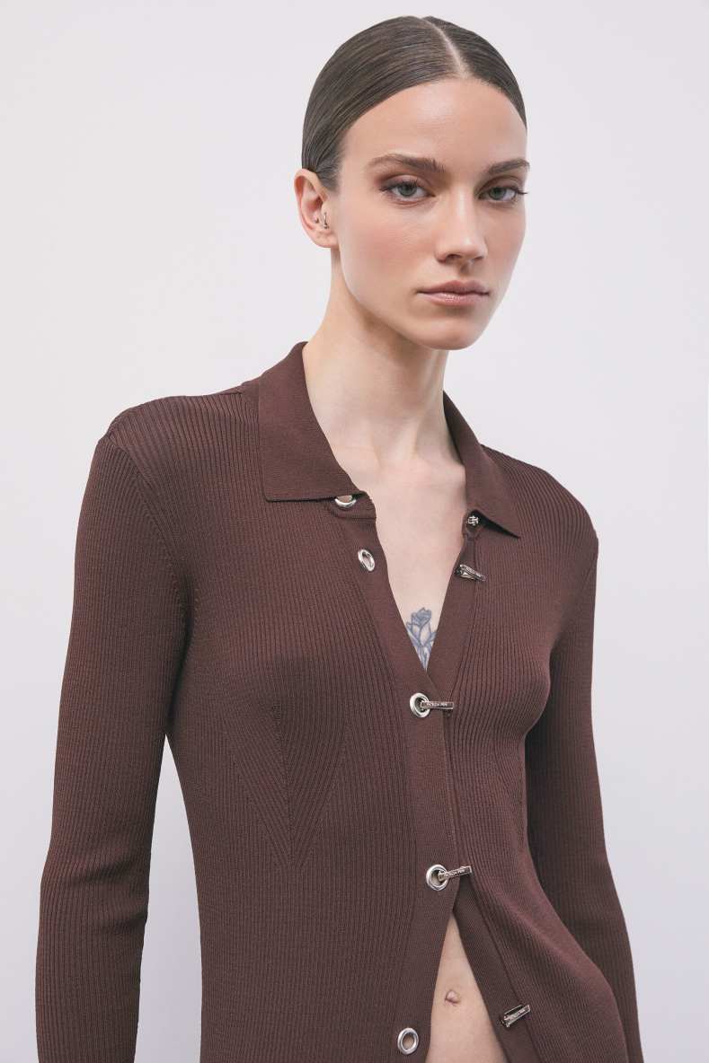 Long ribbed viscose-blend cardigan, Brown, Patrizia Pepe