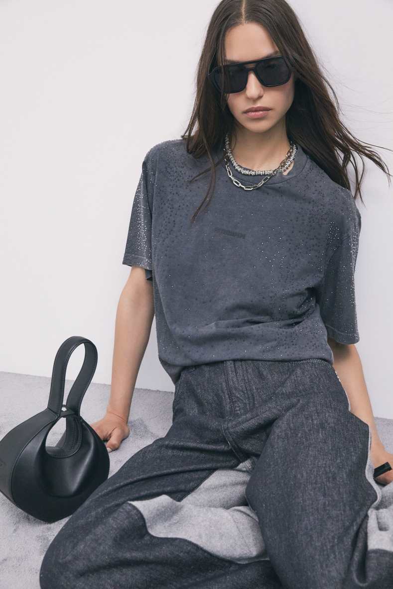 Cotton T-shirt with rhinestones, Grey, Patrizia Pepe