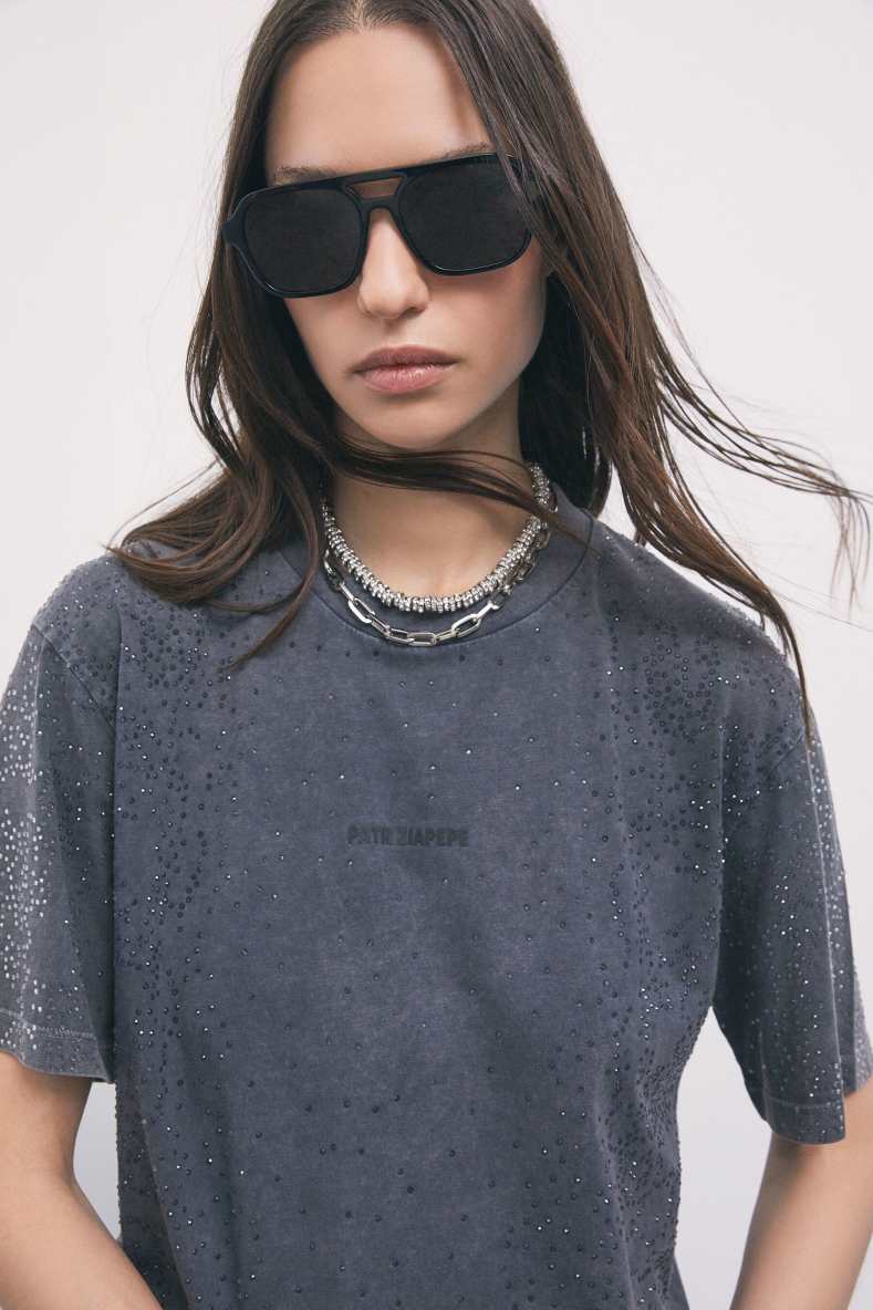 Cotton T-shirt with rhinestones, Grey, Patrizia Pepe