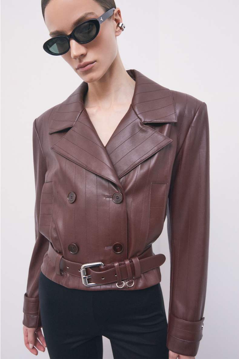 Belted cropped coated jacket, Brown, Patrizia Pepe