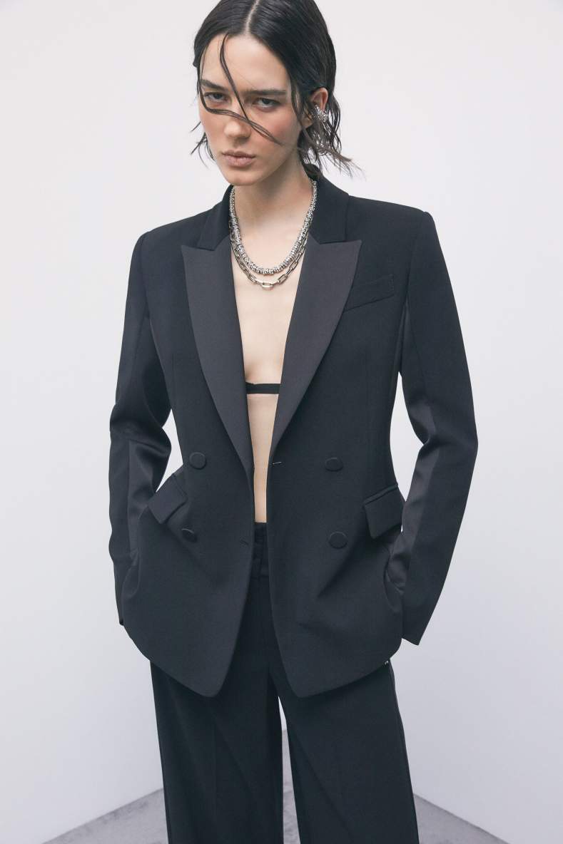 Color-block double-breasted cr&ecirc;pe blazer, Black, Patrizia Pepe