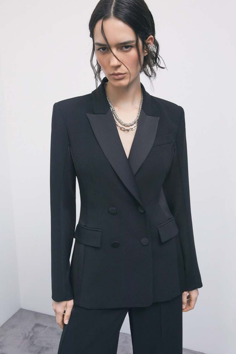 Color-block double-breasted cr&ecirc;pe blazer, Black, Patrizia Pepe
