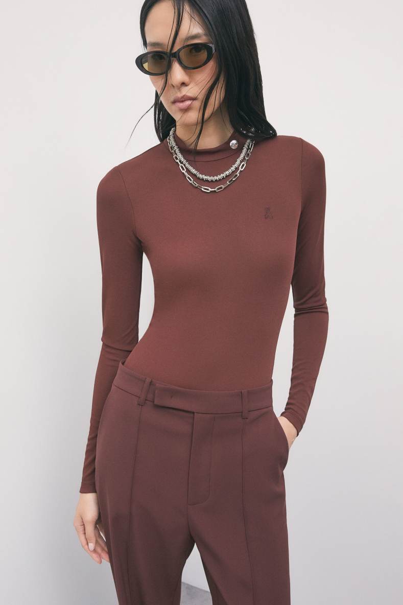 Structured long-sleeved bodysuit, Brown, Patrizia Pepe
