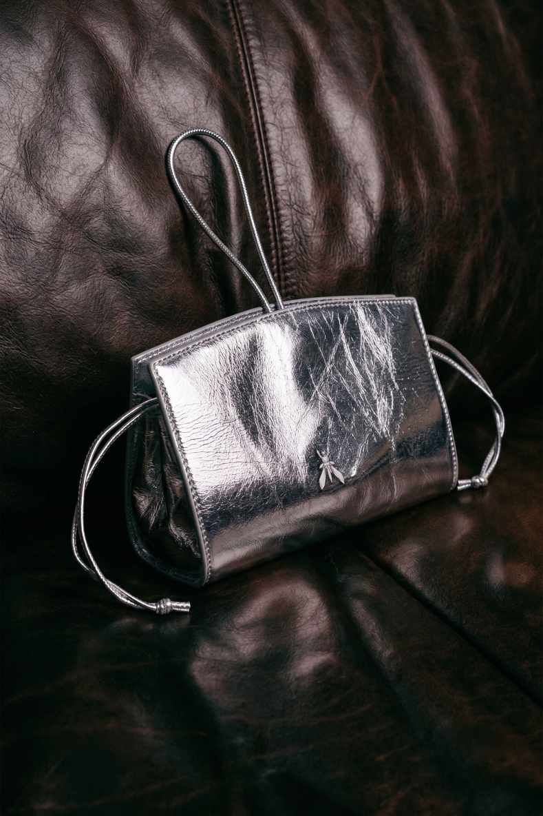 Mini laminated leather clutch, Silver, Patrizia Pepe
