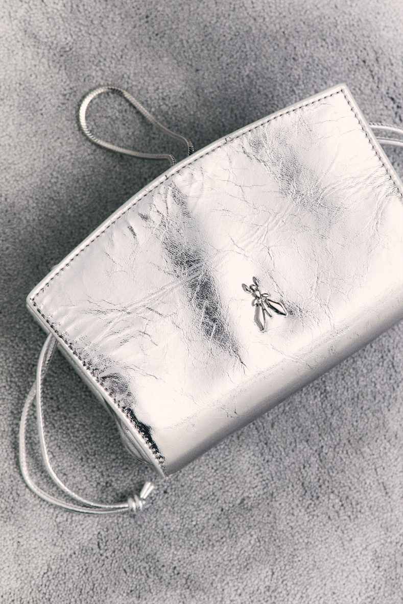 Mini laminated leather clutch, Silver, Patrizia Pepe