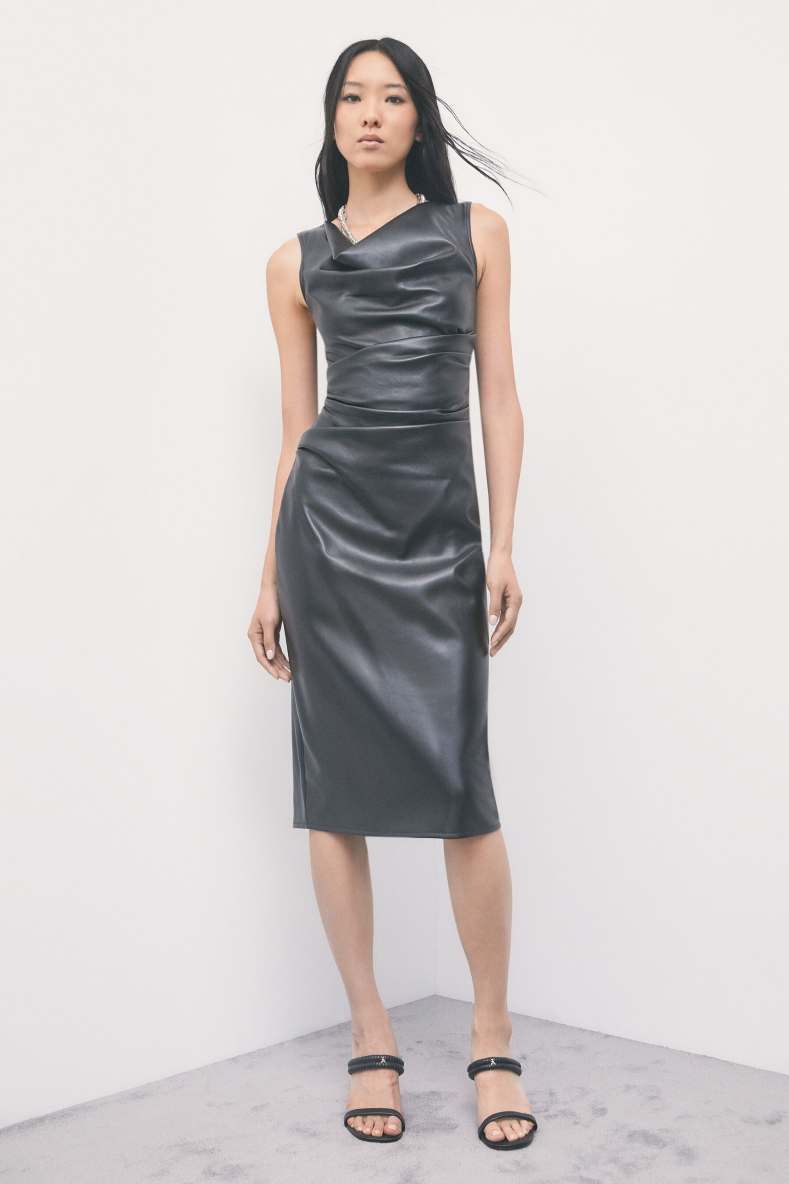 Draped midi dress in coated fabric, Black, Patrizia Pepe