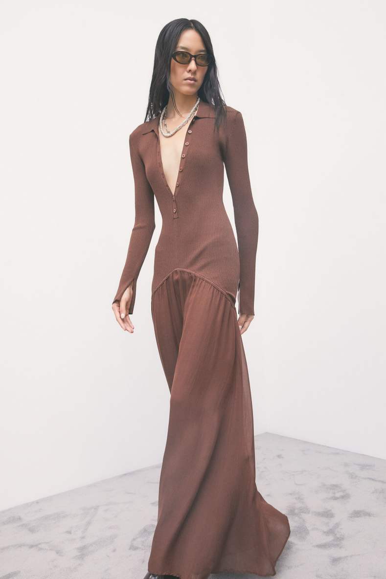 Long knit dress with fluid skirt, Brown, Patrizia Pepe