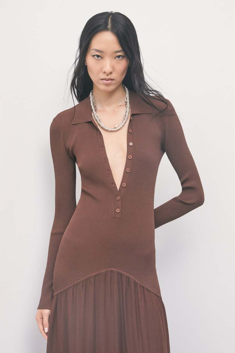 Long knit dress with fluid skirt, Brown, Patrizia Pepe