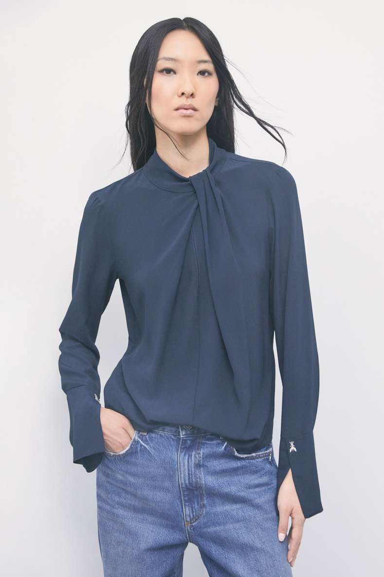 Blusa fluida in viscosa con collo drappeggiato, Blu, Patrizia Pepe