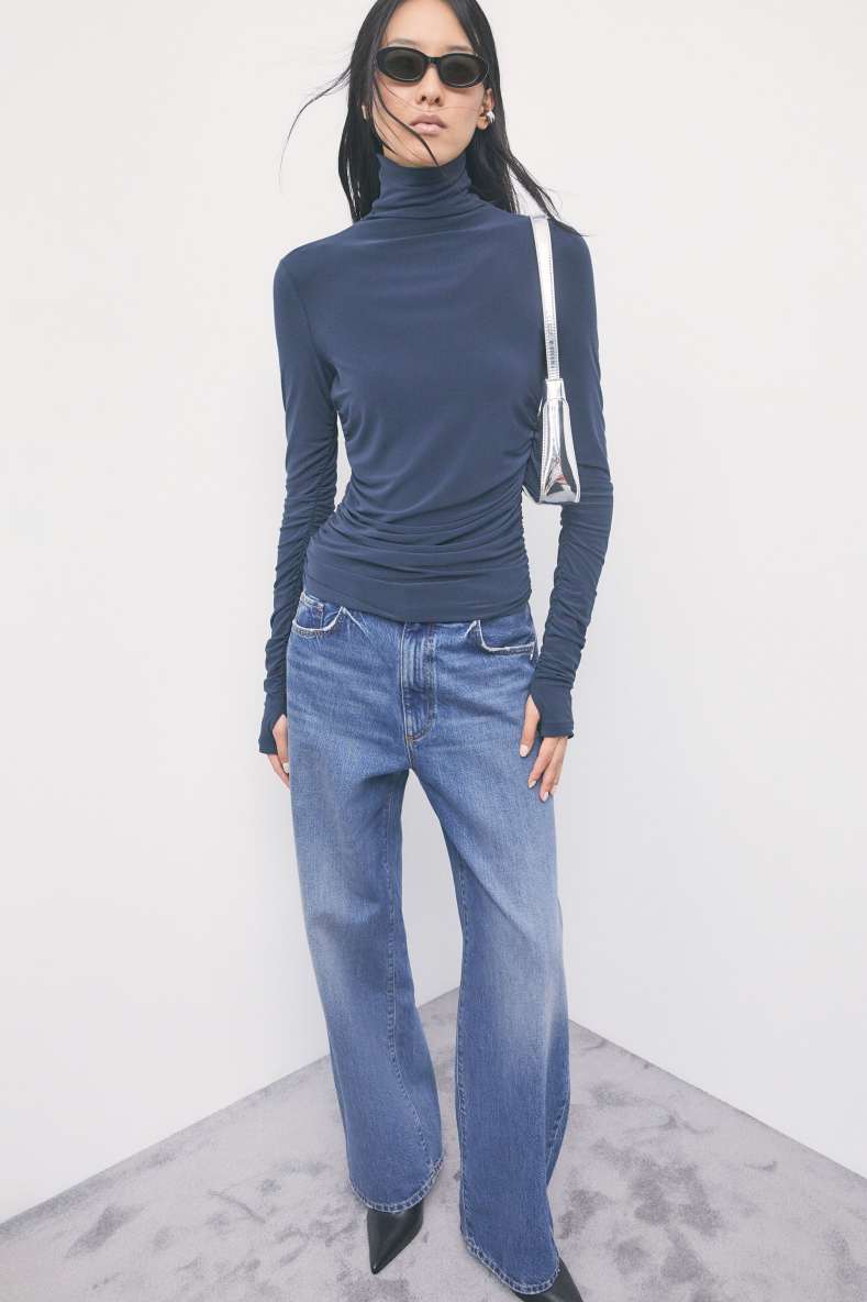 Top a maniche lunghe con drappeggi, Blu, Patrizia Pepe