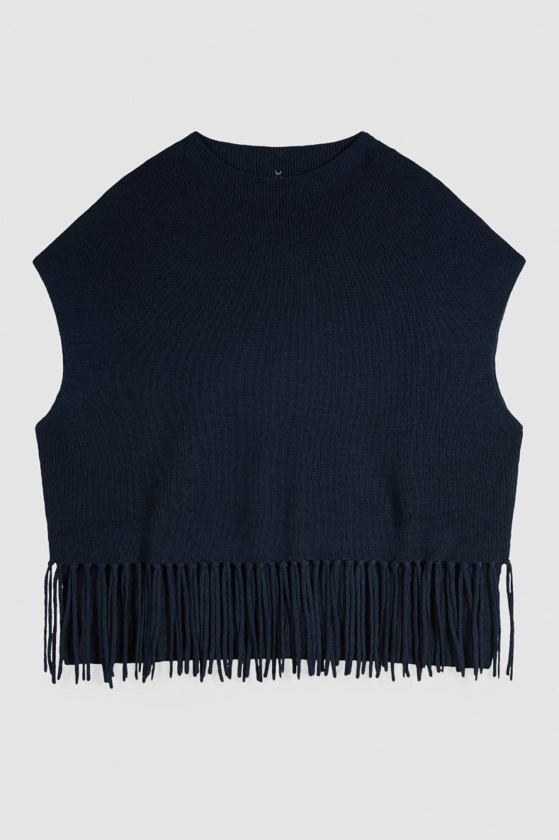Wool poncho with fringes, Blue, Patrizia Pepe