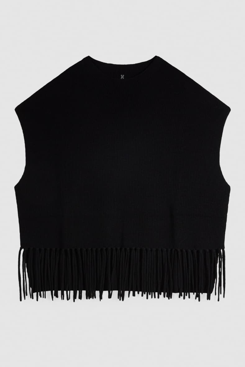 Wool poncho with fringes, Black, Patrizia Pepe