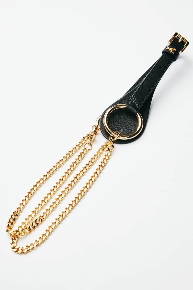 High-waist leather belt with chain, Black, Patrizia Pepe